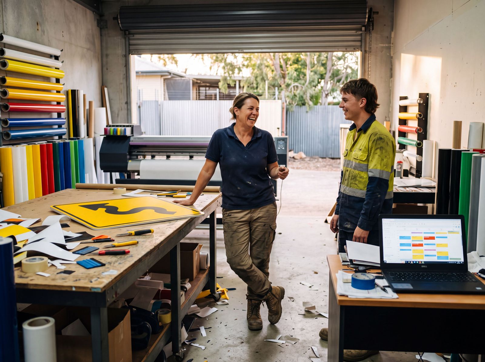 Sign shop owner and apprentice in their workshop