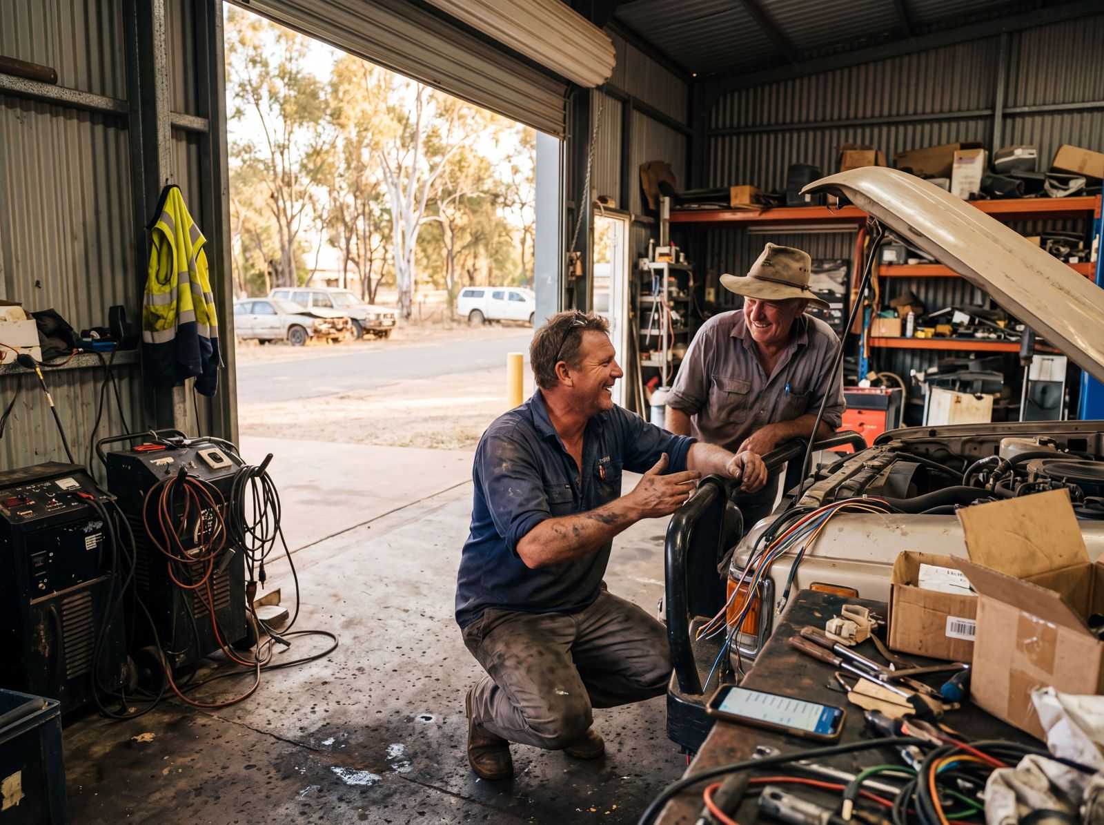 Auto electrician working on a LandCruiser in a Queensland workshop